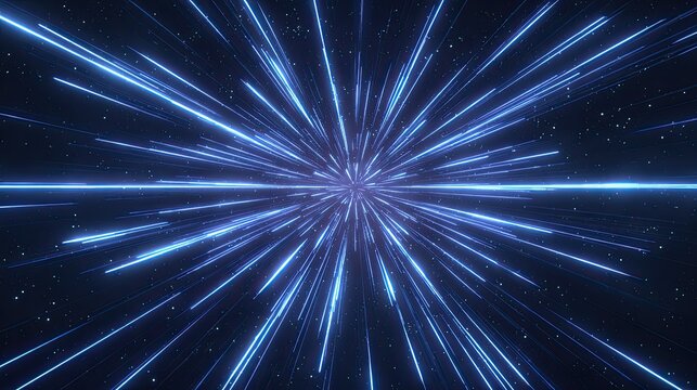 Blue light rays explosion in deep space creating warp speed tunnel with glowing star trails and cosmic energy