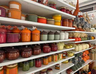 Scented candles and warm-toned autumn decor on white store shelves
