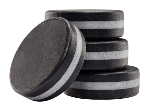 Hockey pucks ready for action ice rink sports equipment isolated on transparent background