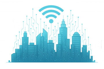 Smart city concept with modern urban buildings, integrated technology circuits, and a radiating wifi signal