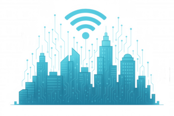 Smart city concept with modern urban buildings, integrated technology circuits, and a radiating wifi signal