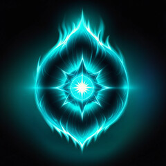 Teal glowing star emblem surrounded by flames, abstract energy design with a radiant light source on a dark background