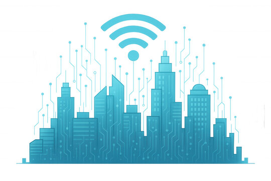 Smart city concept with modern urban buildings, integrated technology circuits, and a radiating wifi signal