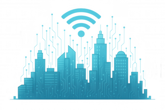 Smart city concept with modern urban buildings, integrated technology circuits, and a radiating wifi signal