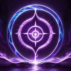 Glowing purple energy circle with star symbol above water reflecting light, fantasy theme with cosmic glow and mystical landscape art