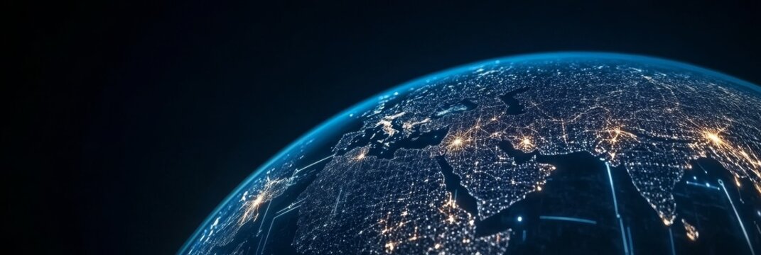 Interconnected Earth with Digital Network Connections Illuminating Continents and Countries in 3D - Powered by Adobe