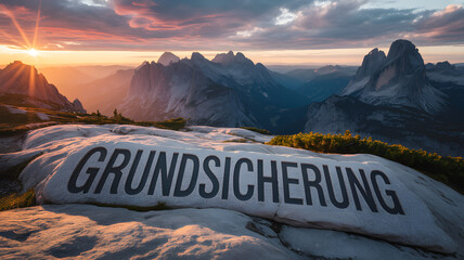 Grundsicherung im Granit Felsen mit Berglandschaft und Sonnenaufgang am Horizont für Hoffnung. Finanzielle soziale Absicherung in Deutschland generative AI