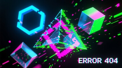 glitch art with pixelated shapes and "error 404" text, perfect for tech, gaming, or futuristic design concepts about digital failure.