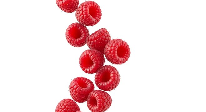 Fresh raspberries falling isolated on white background