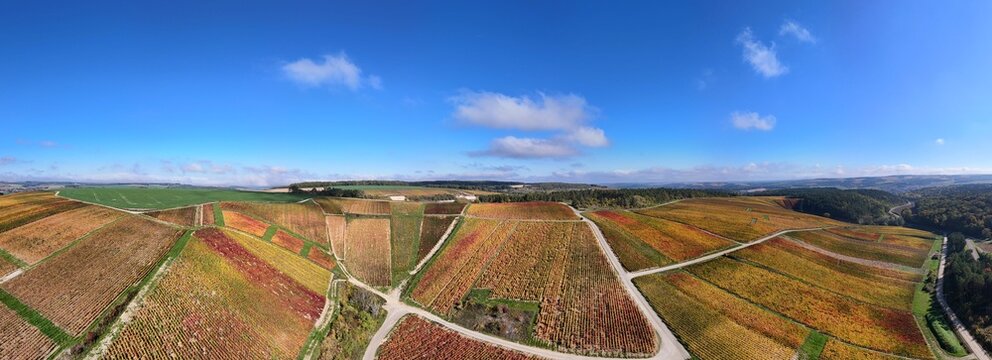 vue a&eacute;rienne et panoramique des c&ocirc;teaux des Riceys, le plus grand terroir de toute la Champagne, 866 hectares de vignes, class&eacute; au patrimoine mondial de l&rsquo;UNESCO. Les vignes multicolores en automne.