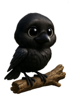 Cute baby crow perched on branch with transparent background