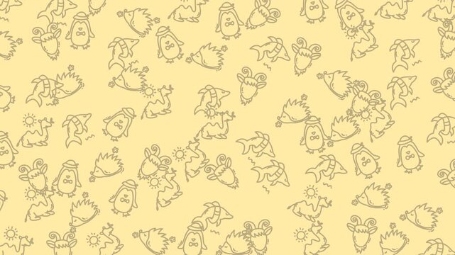 Animals pattern on yellow background for childrens products, stationery, and halloween decorations. Cute and playful design for various uses.