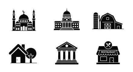 Obraz premium Diverse building icons set including mosque government house barn bank and store - Glyph solid icon - Editable modern style icon.