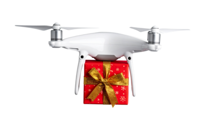 Drone carrying small Christmas gift box, isolated on transparent background, modern holiday delivery concept