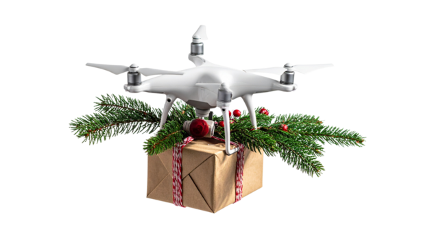 Drone carrying small Christmas gift box, isolated on transparent background, modern holiday delivery concept.