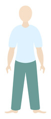 Full-length portrait of a European man wearing a yellow T-shirt and green pants. Silhouette of a barefoot man. Isolated on white background. Flat style. Medical theme. Web design idea.