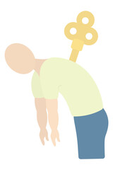 Fatigue. Color vector illustration. The patient is out of battery, bent over, arms hanging down. Turn the key. Isolated background. Flat style. Medical theme. Web design idea.