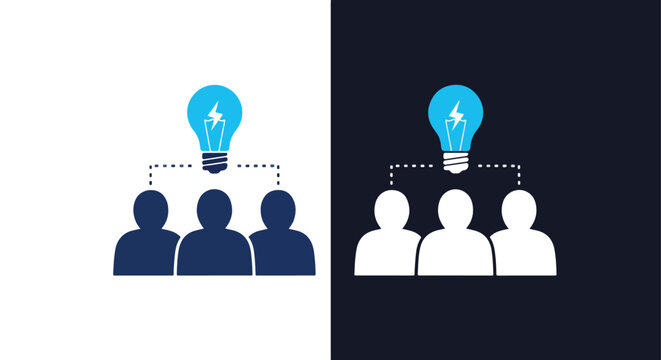 Team collaboration and innovation idea generation concept with people silhouettes and lightbulb icon -  Glyph solid icon - Editable modern style icon.
