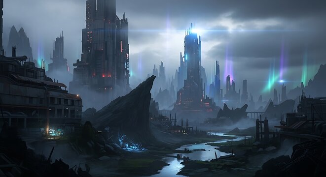 A desolate, futuristic cityscape shrouded in mist, with towering, illuminated structures and a winding river.