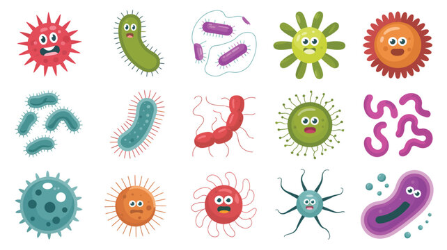 Collection of cute cartoon bacteria and viruses with funny faces