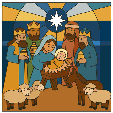 Nativity Scene birth of Jesus Vector in stained glass style &ndash; Holy Family Christmas Art in Religious Decorative Style
