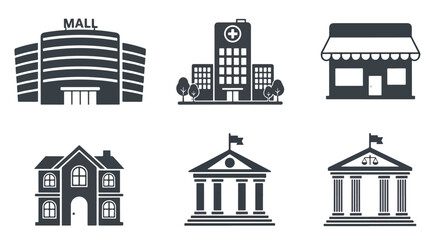 Fototapeta premium Collection of six monochrome building icons for web design and app interfaces - Glyph solid icon - Editable modern style icon.