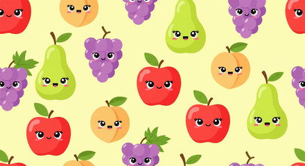 Cute smiling fruit characters in a seamless repeat pattern. Adorable vector illustration of apples, pears, and grapes for a cheerful food background