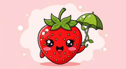 Cute Cartoon Strawberry Character Holding a Green Umbrella with a Playful Expression