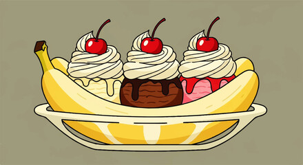 Banana Split Dessert Illustration with Ice Cream and Cherries