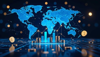 Dynamic digital world map overlaying a global finance scene, showcasing gold coins stacked on a podium, representing investment growth and market success in the economy
