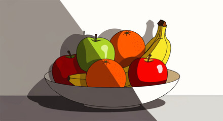 A bowl of fresh fruit casting shadows on a table, with a sharp diagonal light source creating a dramatic still life effect