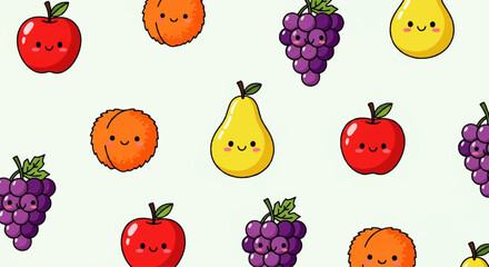 Seamless Pattern of Kawaii Fruits with Adorable Faces, Perfect for Children's Designs and Creative Projects