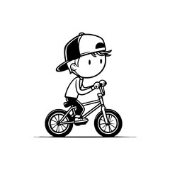 Fototapeta premium Cute cartoon boy riding a BMX bike with a backward cap, symbolizing fun, freedom, and childhood adventure.