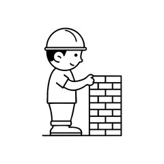 Construction worker building a brick wall, representing teamwork, labor, and construction industry work ethic.