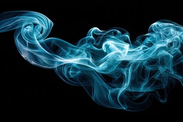 Curving, flowing blue smoke plume rising against a black backdrop