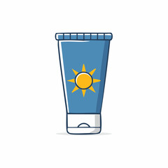 Blue tube of sunscreen with yellow sun illustration protecting from sun damage