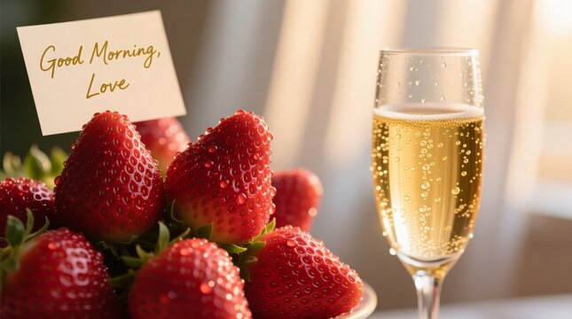 a glass of sparkling champagne beside a bowl of fresh strawberries with a note saying "good morning, love," perfect for romance