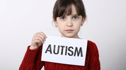 A kid is showing a picture of a the text ''AUTISM'' in the kids hand as if to say pay attention on a white background.