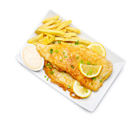 British Traditional Fish and chips with sauce, lemon and green onion isolated on white, top view