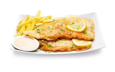 British Traditional Fish and chips with sauce, lemon and green onion isolated on white