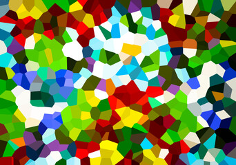 A vibrant abstract mosaic of irregular, colorful geometric shapes, creating a dynamic, fragmented, and intense digital art pattern.