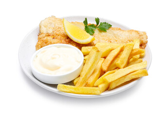 British Traditional Fish and chips with sauce, lemon and parsley isolated on white