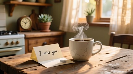 steaming coffee cup beside a note saying "i miss you," evoking longing and comfort in a cozy, sunlit kitchen setting