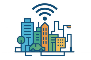 Smart city receiving wireless internet signal, technology urban landscape with buildings, cars, and network connectivity
