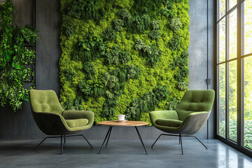 Organic fresh greenery living or office spaces, wall with decorative moss armchairs, sofa and table.