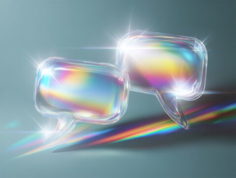 Iridescent Glass Speech Bubbles: Modern Communication Concept with Prism Effect on Clear Dialogue Shapes with Light Flares