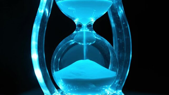 A luminescent hourglass, its blue-lit sand flowing downward against a stark black background