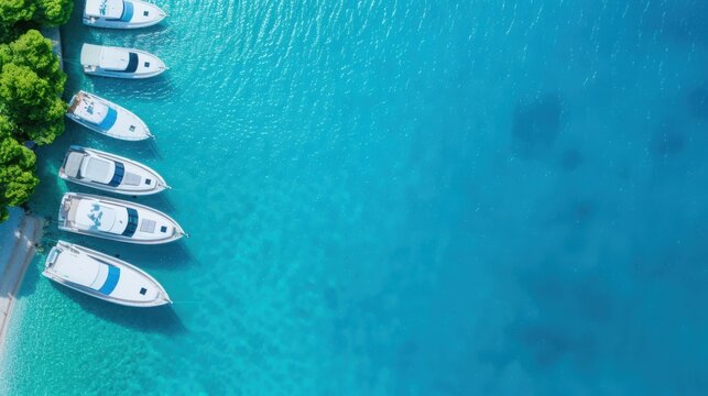 High Aerial View Luxury Marina Yacht Club White Boats Neatly Docked Turquoise Water Clean Sunny Aesthetic - Powered by Adobe