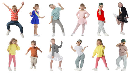 Happy children dancing on white background, collage