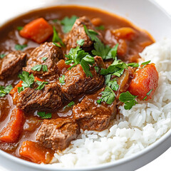 Close Up of Beef Stew With White Rice and Parsley Garnishing on transparent background.png